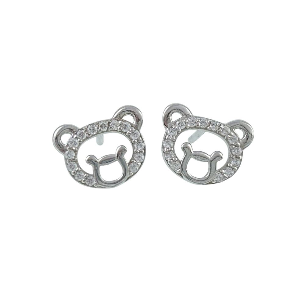 Vintage Sterling Silver 925 Cubic Zirconia Bear Face Stud Earrings